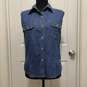 Bill Blass Sleeveless Denim Tank Top Blue Jean Shirt Pockets Womens Petite Small